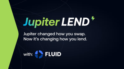Launch of Jupiter LEND on Solana, powered by Fluid (@0xfluid). A futuristic digital interface showcasing DeFi lending with 90% LTV and 0.1% fees, set against a vibrant Solana blockchain backdrop.